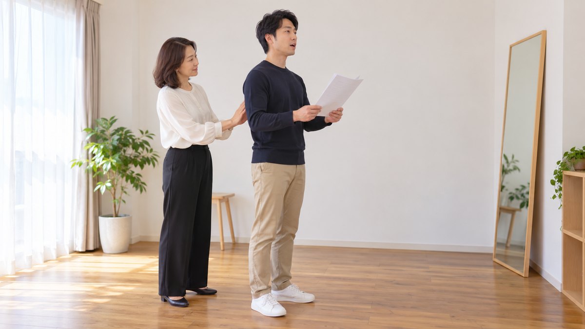 平日の夕方、白い壁の小さな個人レッスン用の部屋で、30代の男性が部屋の中央にまっすぐ立って両手で原稿を持ち、声に出して読んでいて、そばに立つ40代の女性講師が男性の背中にそっと手を添えて姿勢を伝えている全身が見える構図。原稿や壁に文字は見えない