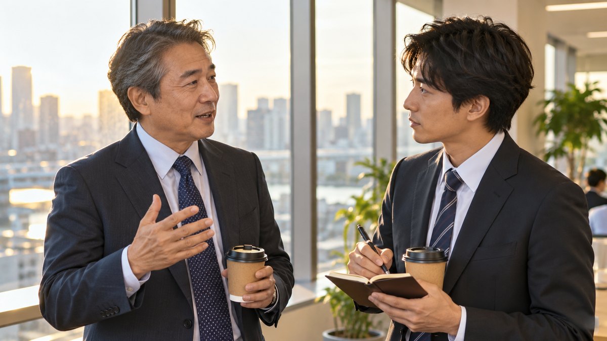 平日の夕方、オフィスの窓ぎわで、50代の男性社員と30代の男性社員がコーヒーを手に立ち話をし、若いほうがメモを取りながら真剣に聞いている近景。文字は見えない