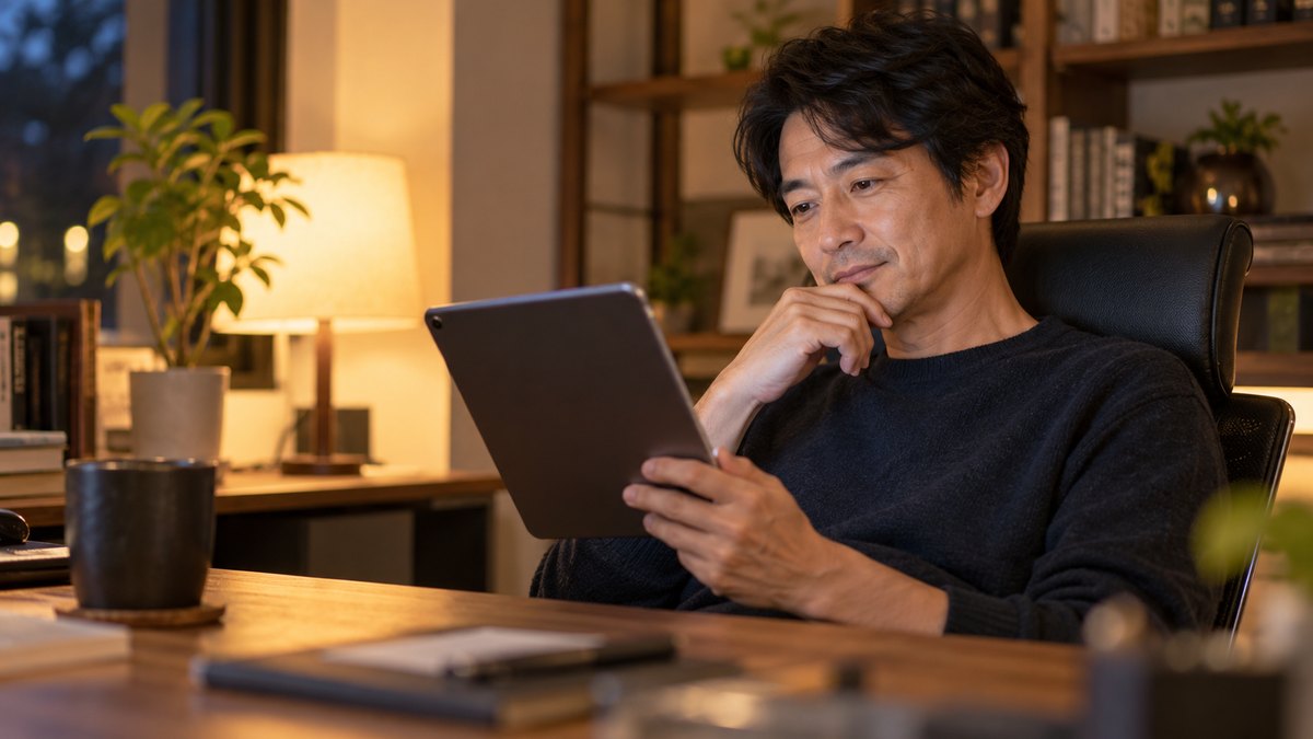 平日の夜、自宅の書斎の机で、40代の男性がタブレットを手に持ち、椅子の背にもたれて読みながら考えている近景。タブレットの画面の文字は見えない