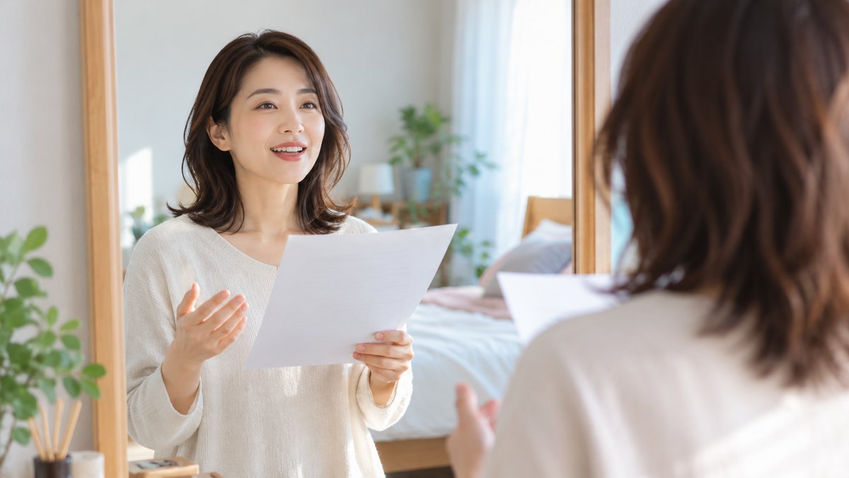 休日の朝、自宅の明るい寝室の姿見の前で、30代の女性が1枚の原稿を手に持ち、鏡の中の自分を見ながら声に出して読む練習をしている近景。原稿の文字は見えない