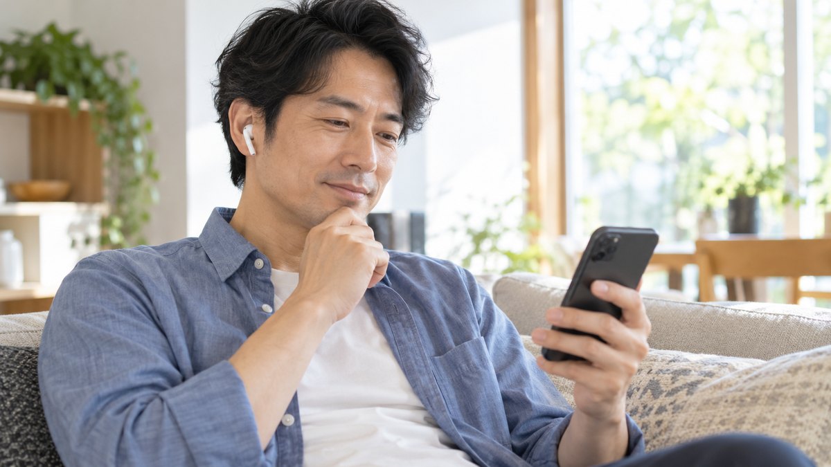 休日の午前、自宅の明るいリビングのソファで、40代の男性がイヤホンをつけ、手に持ったスマホで自分の話した声の録音を聞き返しながら小さくうなずいている近景。スマホの画面の文字は見えない
