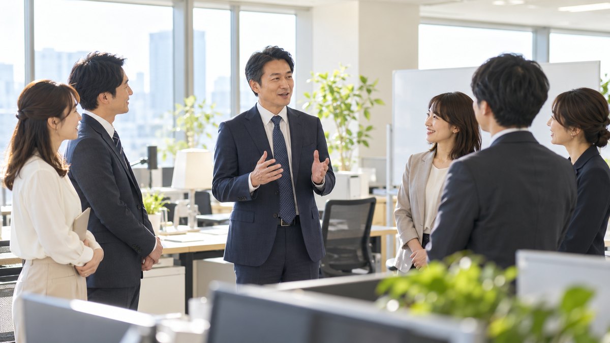 平日の朝、明るいオフィスの朝礼で、40代の男性会社員が同僚5人の前に立って短く話し、同僚たちがリラックスした表情で聞いている遠景。壁やホワイトボードに文字は見えない