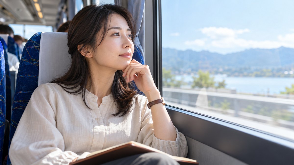 平日の昼、高速バスの明るい車内の窓ぎわの席で、30代の女性が膝の上に手帳を置き、窓の外の景色を見ながら静かに考えている近景。手帳や車内の文字は見えない