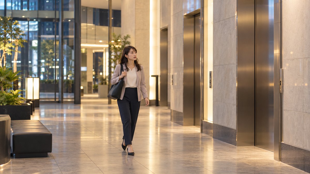 平日の夜、オフィスビルの明るい1階ロビーで、20代後半の女性がトートバッグを肩にかけ、エレベーターに向かって少し緊張した表情で歩いている遠景。案内表示や壁の文字は見えない
