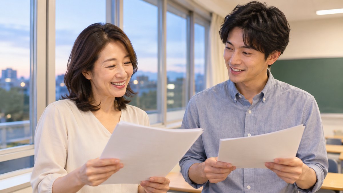 平日の夜、明るい教室の窓ぎわで、40代の女性と20代後半の男性が並んで立ち、それぞれ手元の原稿を見ながら交代で声に出して読み合い、笑顔でうなずき合っている近景。原稿や壁に文字は見えない