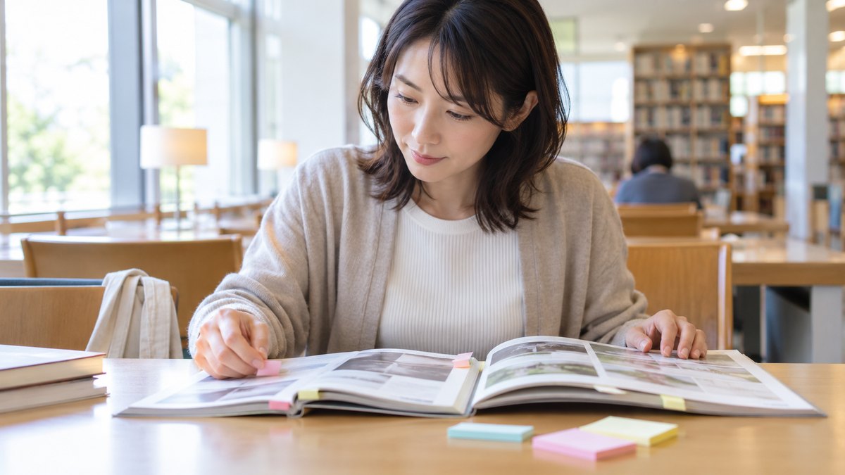 休日の朝、図書館の明るい閲覧席で、30代の女性が2冊の冊子を並べて見比べ、気になったページに付箋を貼っている近景。冊子の文字は読めない