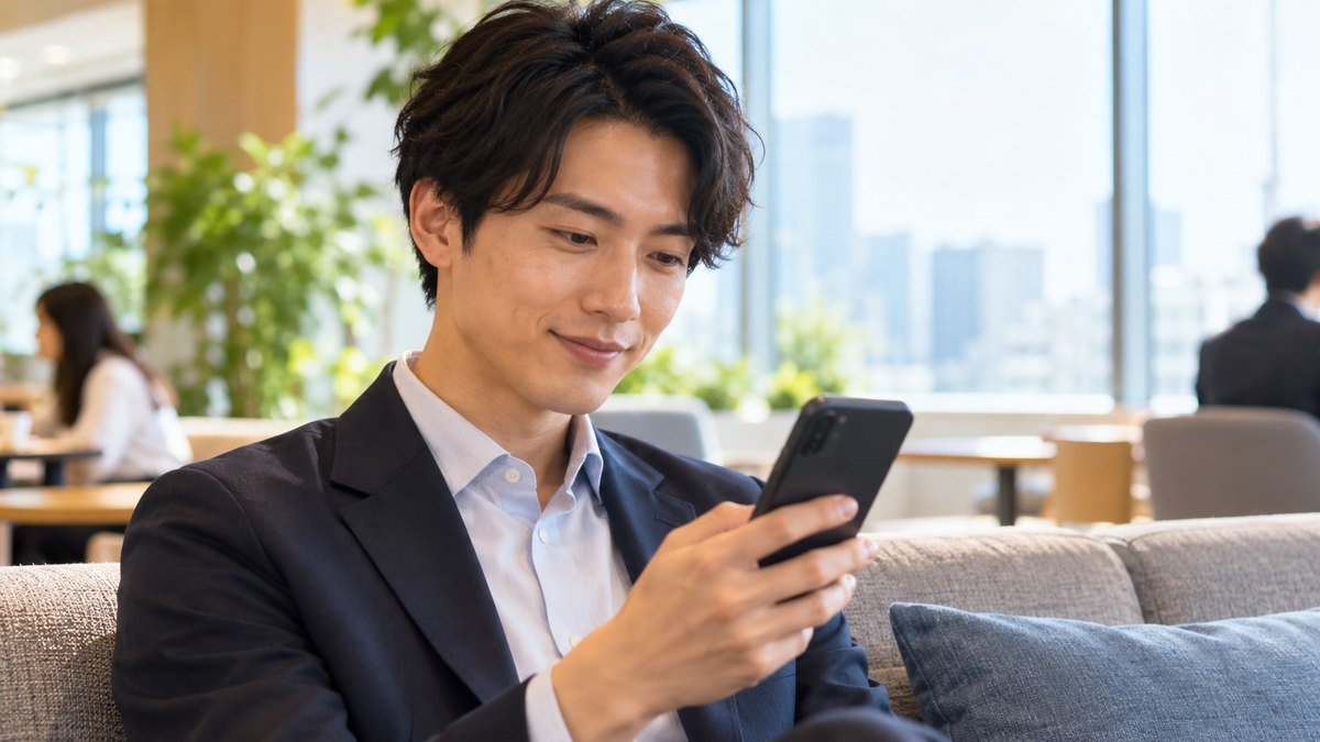 平日の昼休み、会社の明るい休憩スペースのソファで、20代後半の男性がスマホで届いたメールを読みながら、小さくうなずいている近景。スマホの画面の文字は見えない