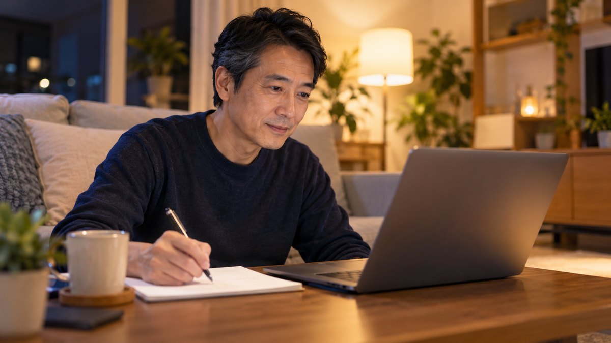 休日の夜、自宅のリビングのローテーブルで、50代の男性がノートパソコンで動画の講座を見ながら、手元のノートにメモを取っている近景。パソコンの画面とノートの文字は見えない