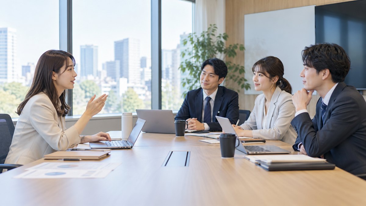 平日の午後、明るい会議室の長いテーブルで、30代の女性会社員が座ったまま軽く手を挙げて落ち着いて発言し、向かいの同僚3人が穏やかに聞いている遠景。資料やモニターに文字は見えない