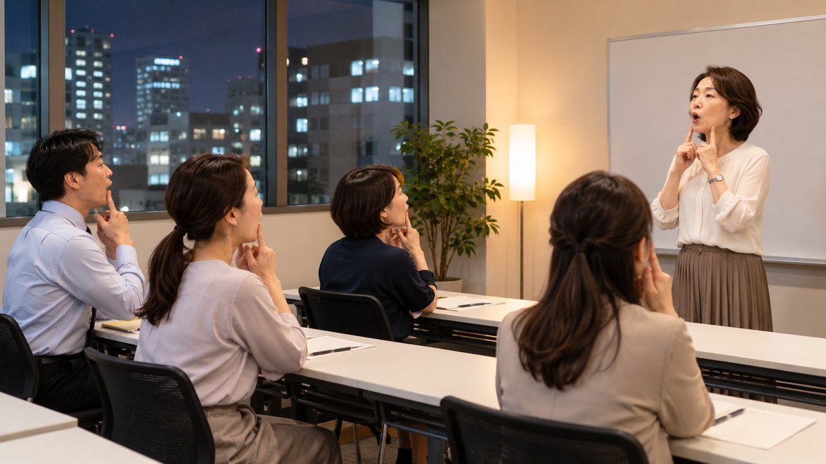平日の夜、ビルの中の小さなレッスンルームで、50代の女性講師が前に立ち、仕事帰りの30代と40代の受講生4人が長机に座って口の形を確かめながら声を出している遠景。壁や机に文字は見えない