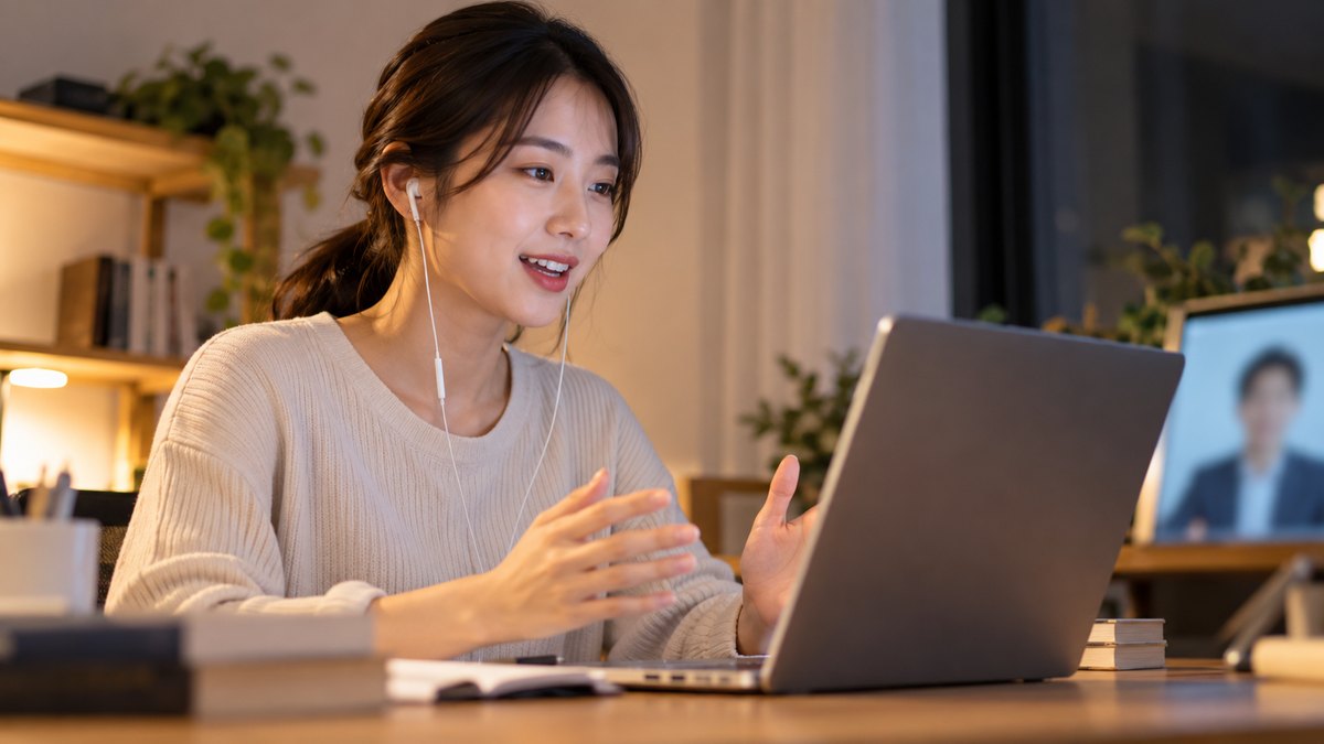 平日の夜、自宅の書斎の机で、20代後半の女性がイヤホンをつけてノートパソコンに向かい、画面の向こうの講師とオンラインで話しながら声を出している近景。パソコンの画面の文字は見えない