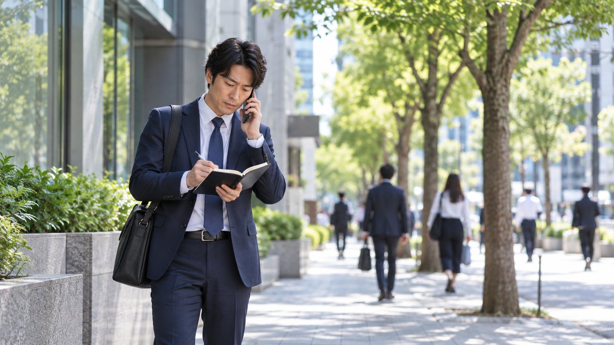 平日の昼、オフィス街の歩道の木陰で、30代の男性がスマホを耳に当てて電話で問い合わせをしながら、もう一方の手で手帳にメモを取っている遠景。看板や手帳の文字は見えない