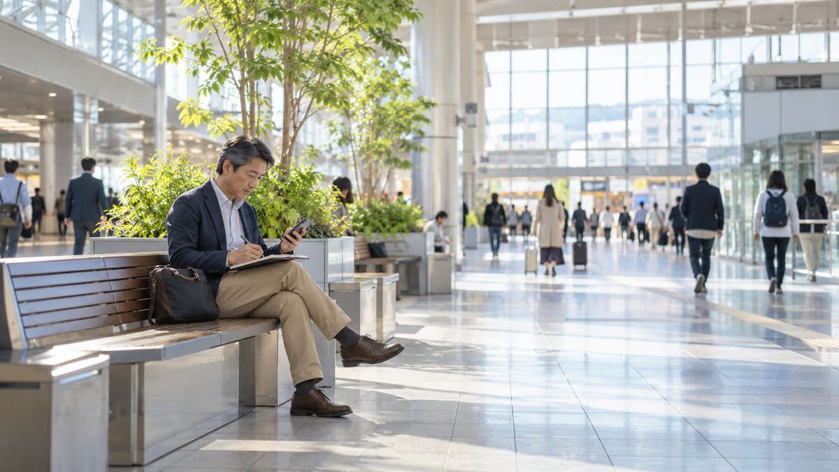 休日の午後、駅の明るいコンコースのベンチで、50代の男性がスマホを手に持ち、画面を見ながら手帳に予定を書き込んでいる遠景。スマホの画面や駅の案内の文字は見えない
