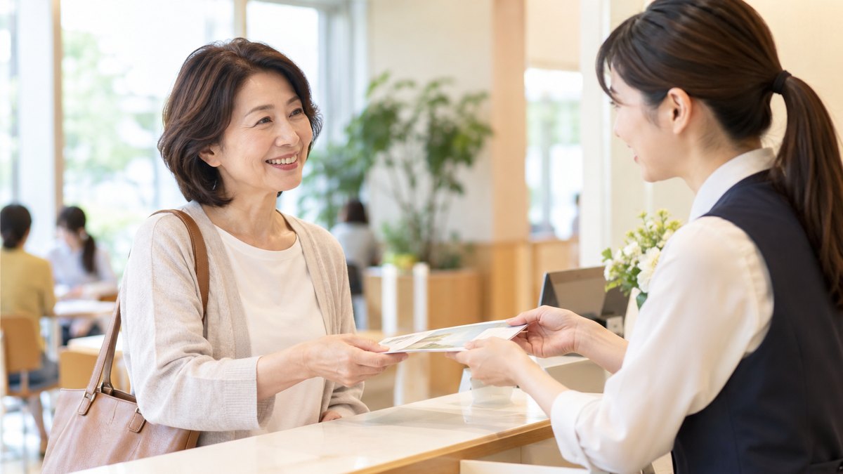 休日の午前、カルチャー教室のある建物の明るい受付カウンターで、50代の女性が受付の30代の女性スタッフから講座の案内を受け取り、笑顔でうなずいている近景。案内や壁の文字は見えない