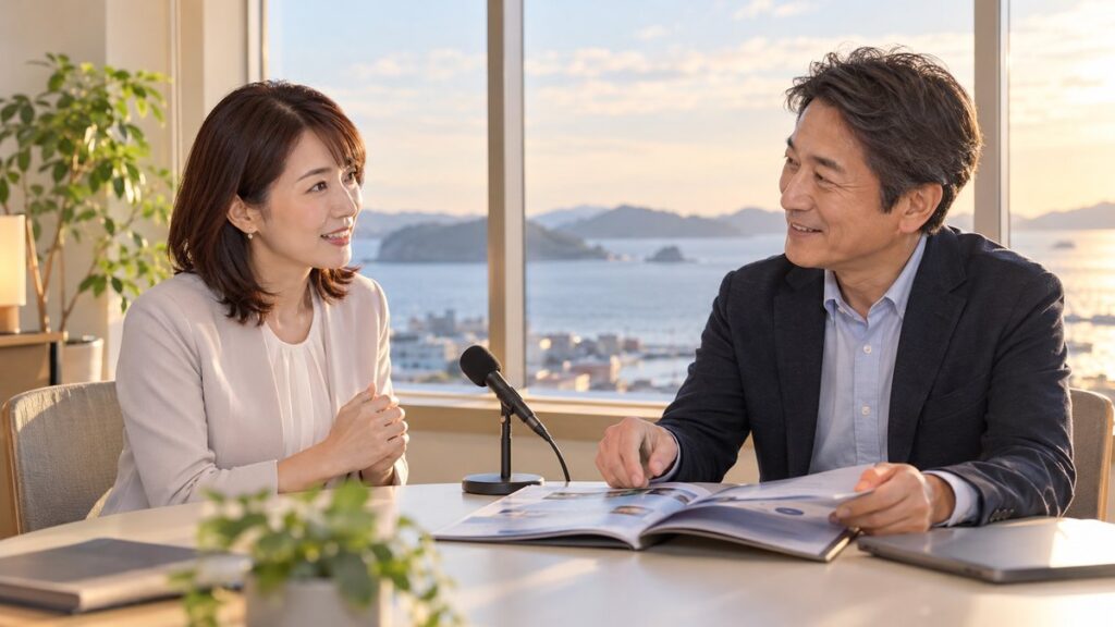 アナウンス教室の説明会のあと、海の見えるレッスンルームで男性講師と案内の冊子を見ながら相談する女性会社員