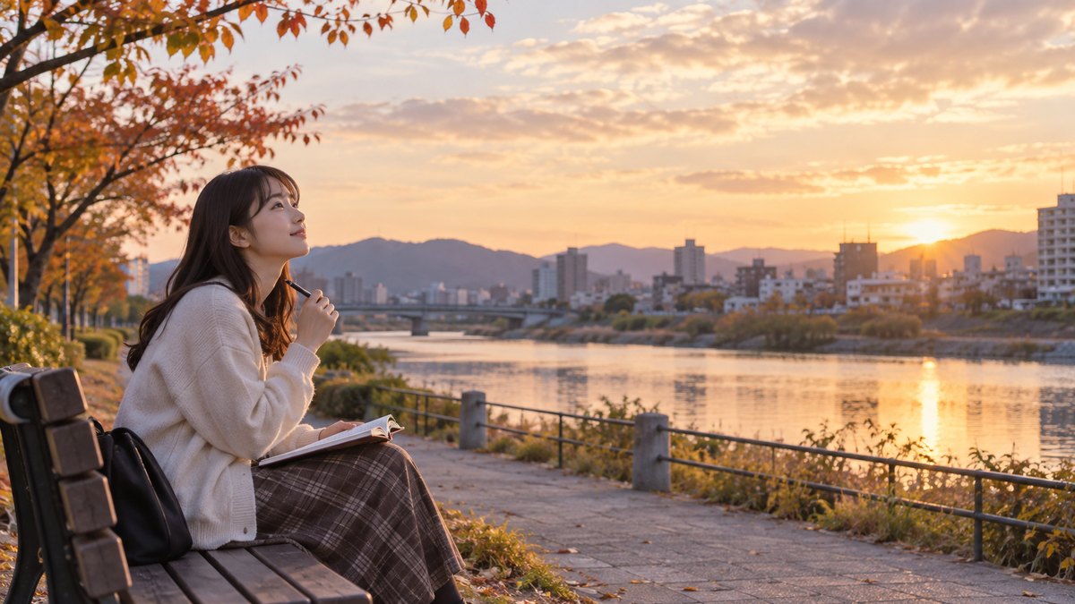 秋の夕方、地方都市の大きな川沿いの遊歩道のベンチで、20代前半の女子大学生がひざの上の手帳を開き、ペンを持って空を見上げながら予定を考えている遠景。川の向こうに低いビル。看板や手帳の文字は見えない