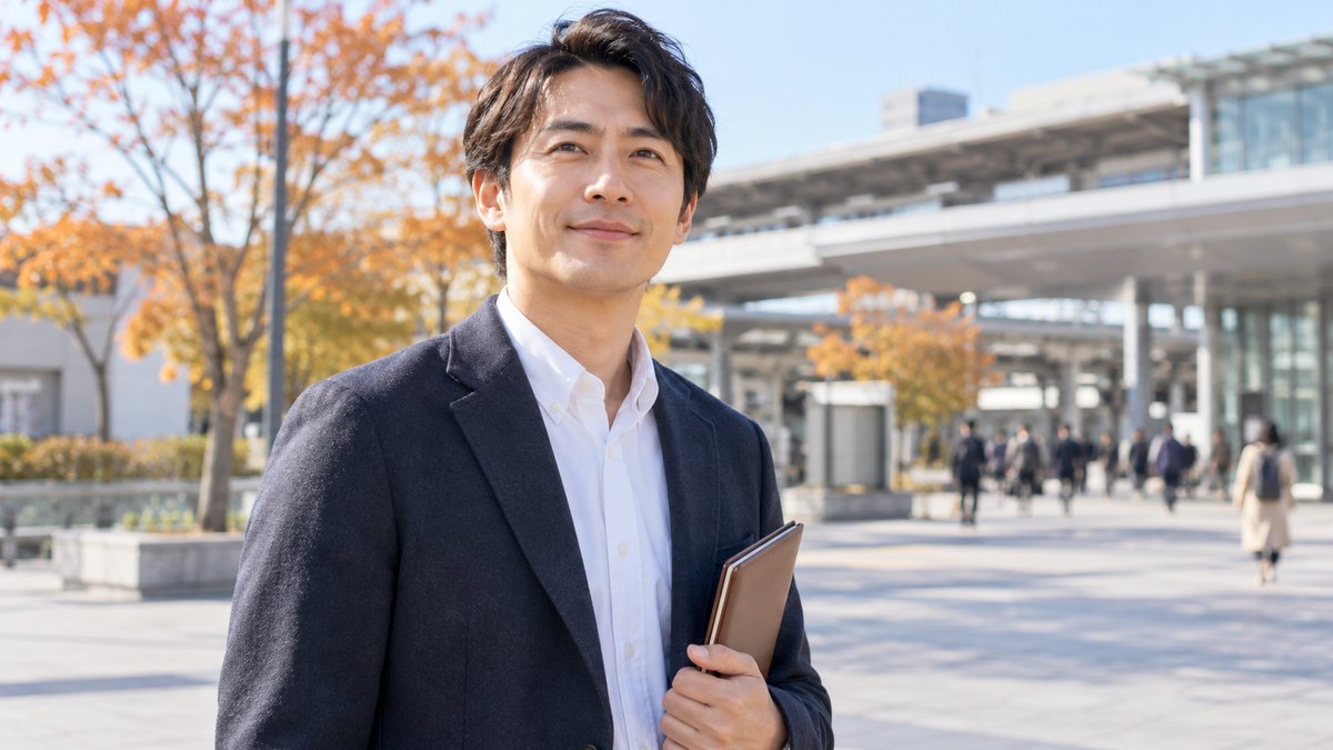 秋の晴れた朝、地方都市の駅前の広い広場で、30代の男性がジャケット姿で立ち止まり、閉じた手帳を片手に持って前を向き、穏やかにほほえんでいる近景。駅舎や看板の文字は見えない