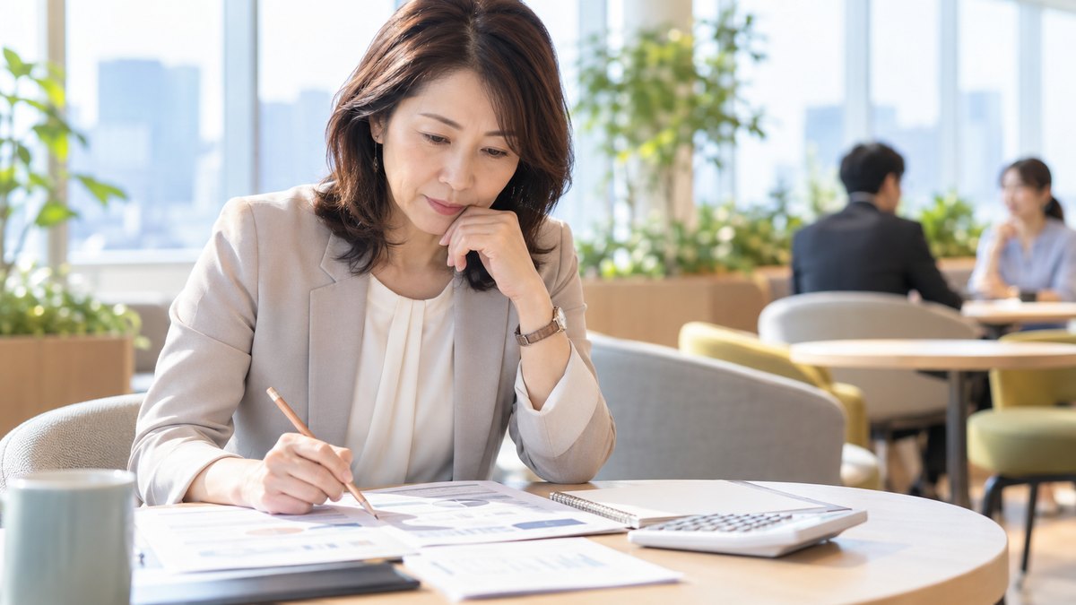 平日の昼休み、オフィスの休憩スペースの丸テーブルで、40代の女性会社員がノートと電卓を前に座り、印刷した資料に鉛筆で印をつけながら考えている近景。資料と電卓の文字や数字は読めない