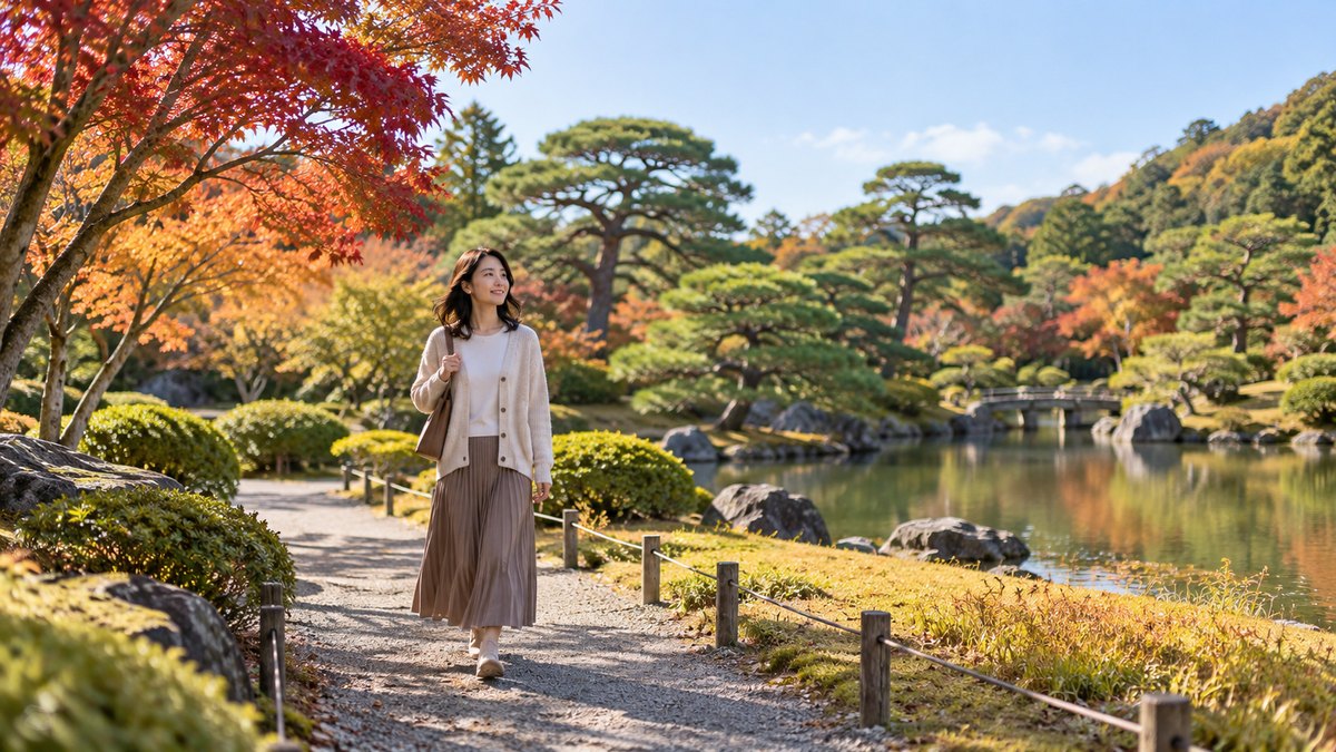 秋の昼、広い芝生と池のある日本庭園の小道を、30代の女性がカーディガン姿でゆっくり歩いている遠景。遠くに松の木。看板や文字は見えない