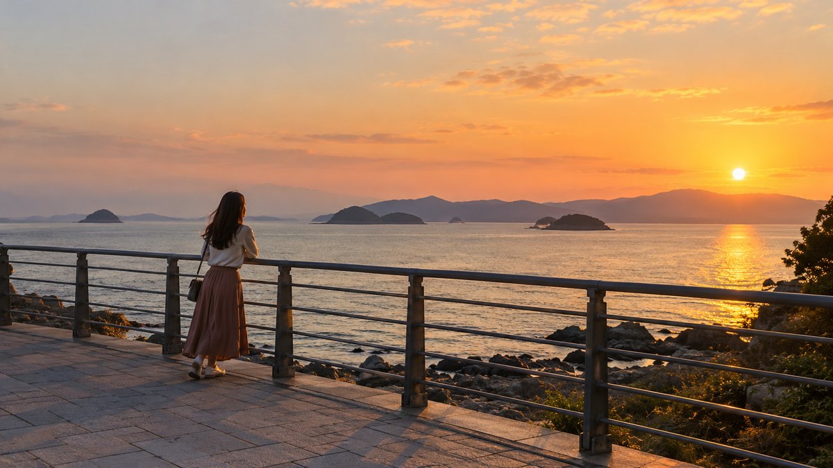 秋の夕方、海沿いの広い遊歩道で、20代後半の女性が手すりにもたれ、穏やかな海と遠くの小さな島々を眺めている遠景。看板や文字は見えない