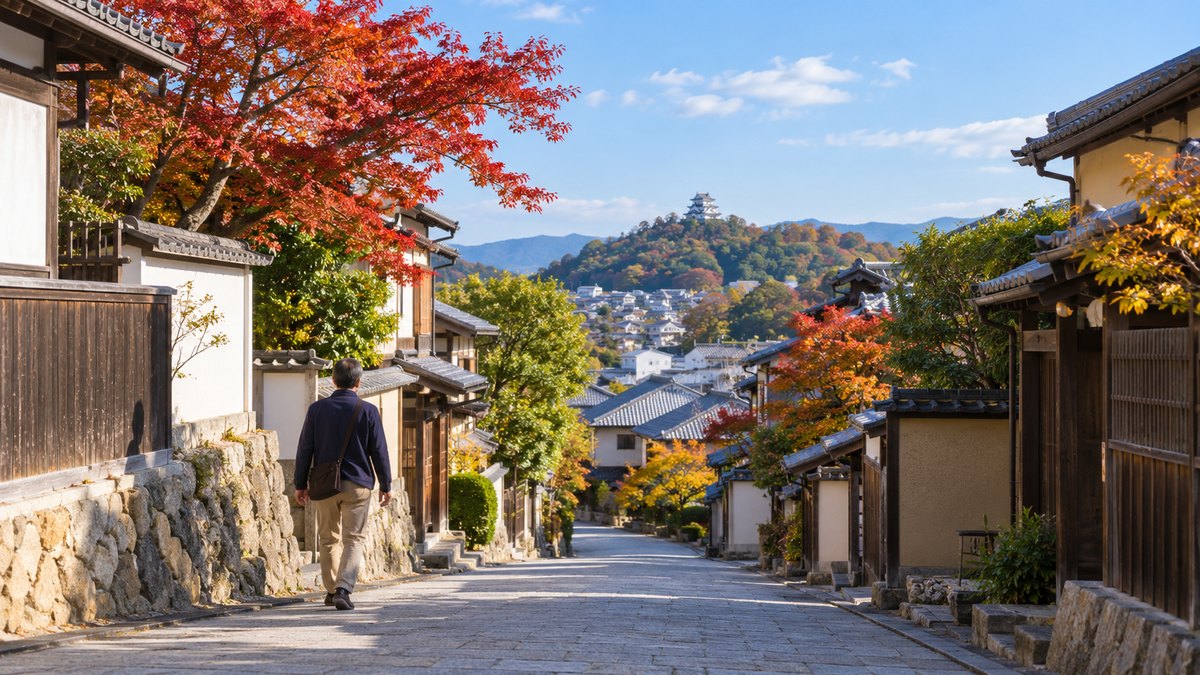 秋の晴れた昼、城のある小高い山を遠くに望む城下町の坂道を、50代の男性がゆっくり歩いている遠景。城は小さく写る。看板や文字は見えない