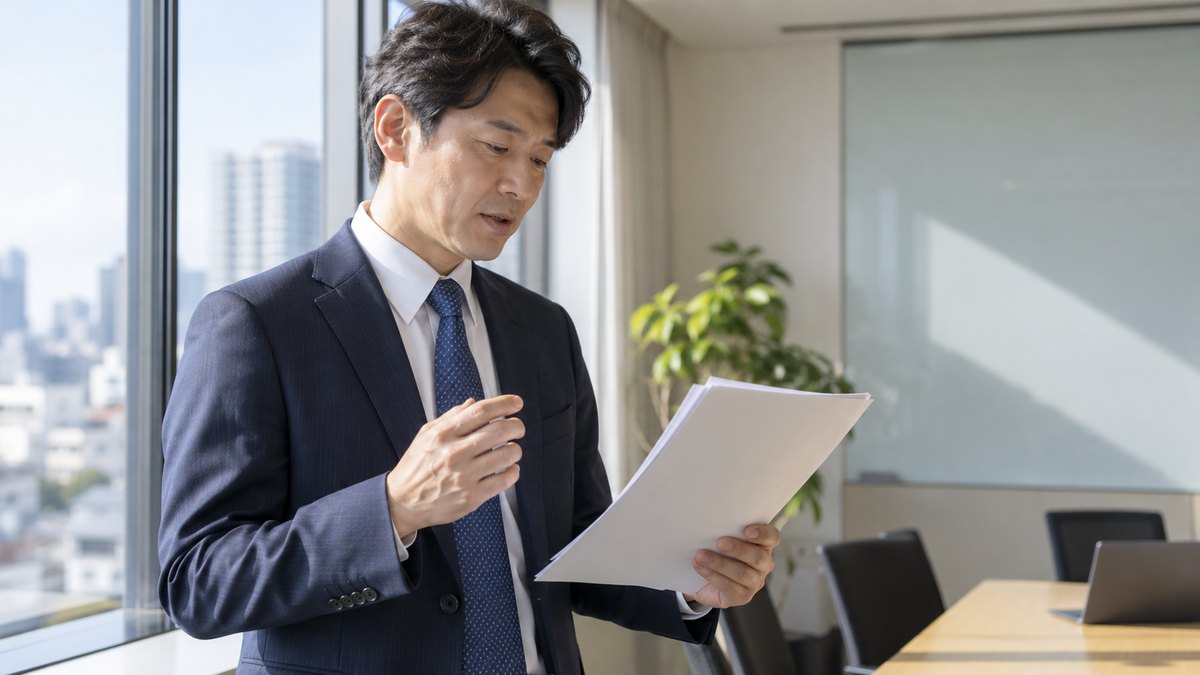 平日の朝、明るいオフィスの小会議室で、40代の男性会社員がひとり窓ぎわに立ち、手に持った数枚の資料を小さな声で読み上げて練習している近景。資料の文字は見えない