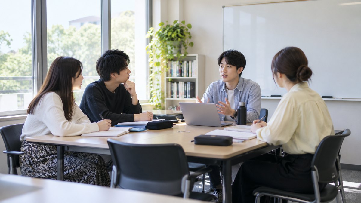 平日の午後、大学の小さなゼミ室の机を囲んで、20代前半の男女の大学生4人が座り、1人が話すのをほかの3人がうなずきながら聞いている遠景。ホワイトボードや資料に文字は見えない