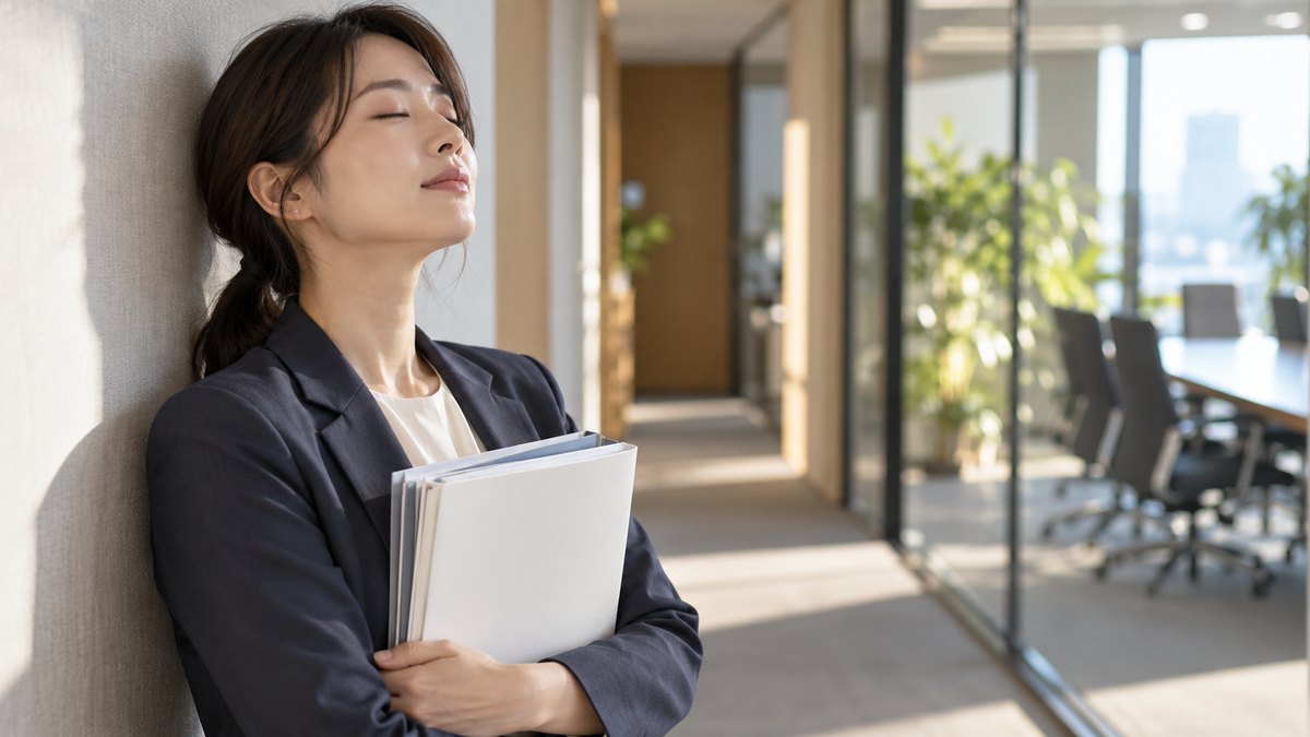 朝、会社の会議室の前の静かな廊下で、30代の女性会社員が壁ぎわに立ち、資料を胸に抱えて目を閉じ、ゆっくり息を吐いている近景。資料の文字は見えない