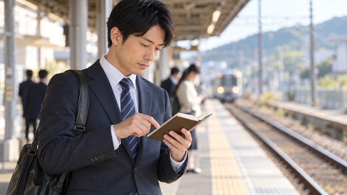 平日の朝、地方の駅のホームで、30代の男性会社員がスーツ姿で電車を待ちながら、手に持った小さな手帳の予定を指でたどっている近景。駅名や時刻表の文字は見えない
