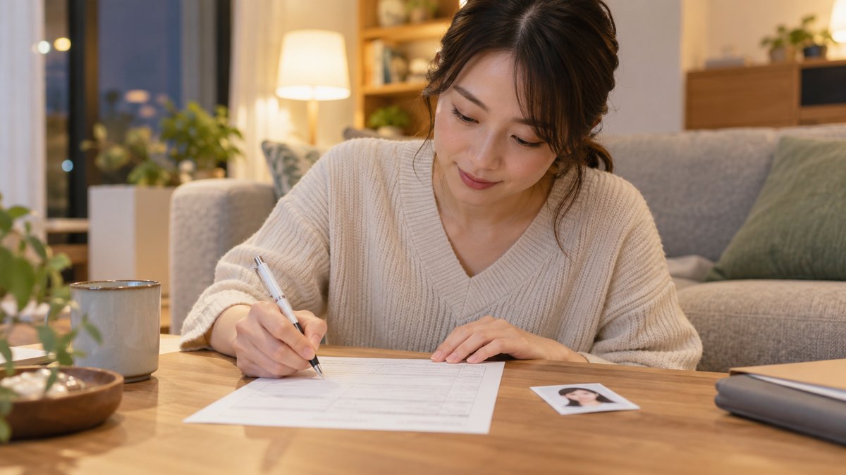 休日の夜、自宅のリビングのローテーブルで、30代の女性が申込書のような用紙にペンで記入し、横に顔写真を置いている近景。用紙の文字は読めない