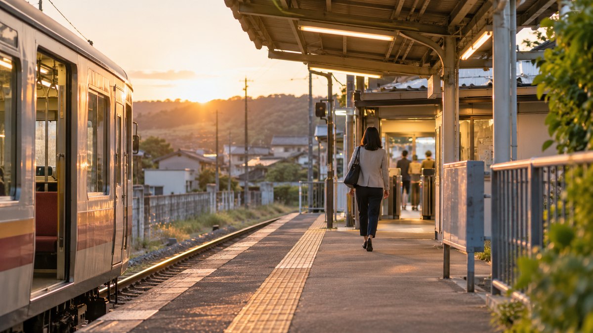 平日の夕方、小さな私鉄の駅の短いホームに、40代の女性が仕事帰りのバッグを持って降り立ち、改札の方へ歩き出している遠景。駅名や看板の文字は見えない