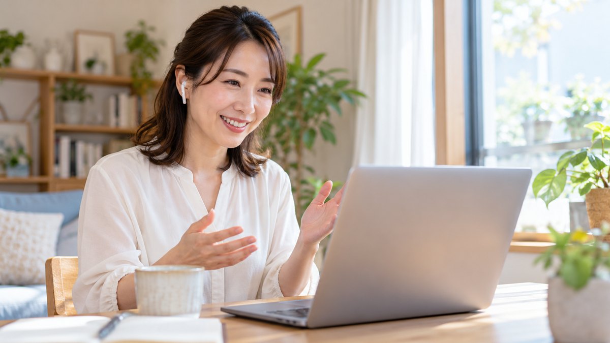 休日の午前、明るい部屋の窓ぎわの机で、30代の女性がノートパソコンに向かって背筋を伸ばし、イヤホンをつけて画面の向こうの講師と話している近景。パソコンの画面は見えない角度