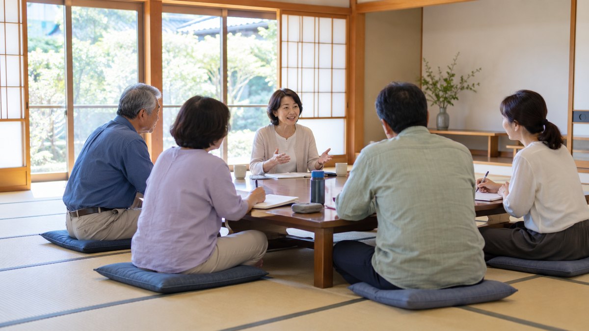 休日の昼、地方の公民館の明るい和室で、40代から60代の大人5人が座卓を囲んで座り、前に座る50代の女性講師の話をメモを取りながら聞いている遠景。紙や壁に文字は見えない
