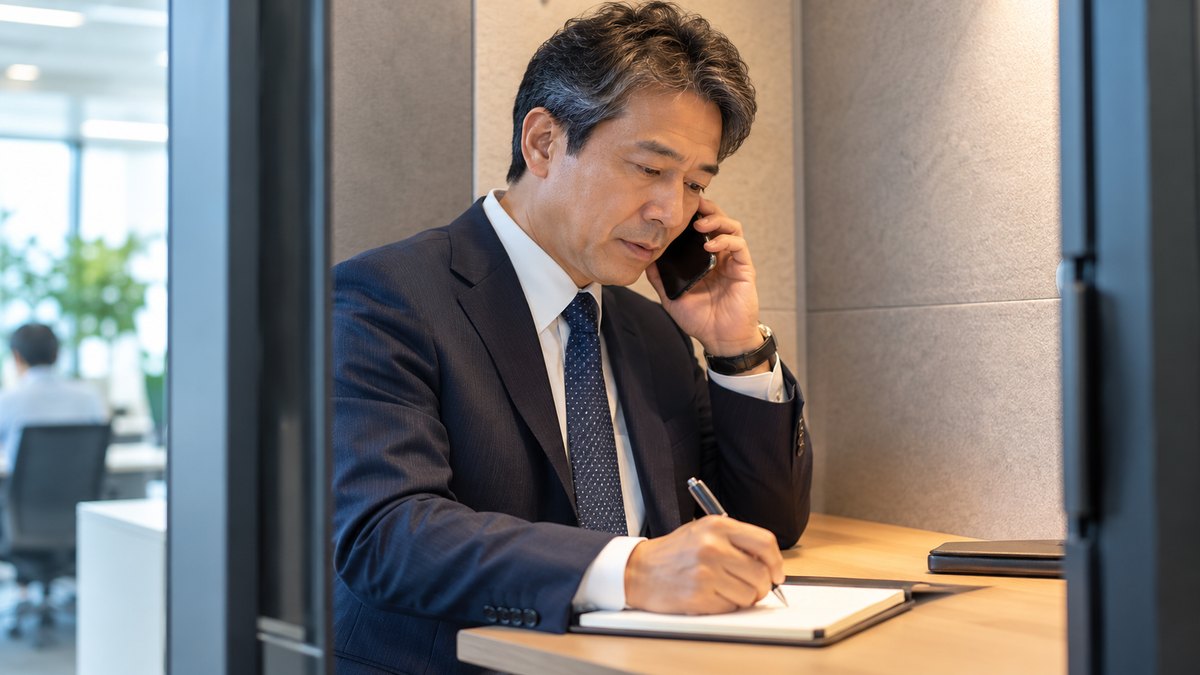 平日の昼休み、オフィスの小さな電話ブースの中で、50代の男性会社員がスマホを耳に当てて問い合わせの電話をしながら、手元のメモ帳にペンで書き込んでいる近景。メモの文字は見えない