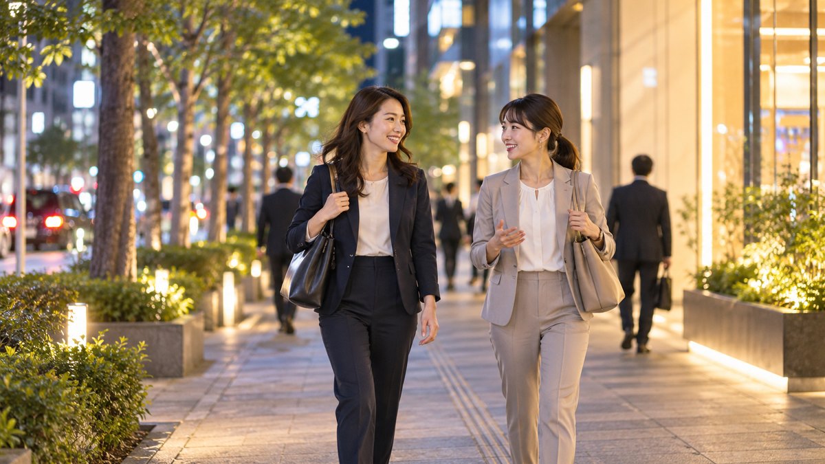 平日の夜、オフィス街の明るい歩道を、30代の女性会社員2人が仕事帰りのバッグを肩にかけて、笑顔で話しながら並んで歩いている遠景。看板や建物の文字は見えない