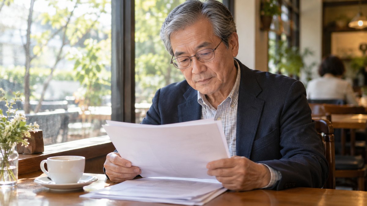 休日の午後、落ち着いた喫茶店の窓ぎわの席で、60代の男性が老眼鏡をかけ、コーヒーを横に置いて数枚の印刷した資料を静かに読んでいる近景。資料の文字は見えない