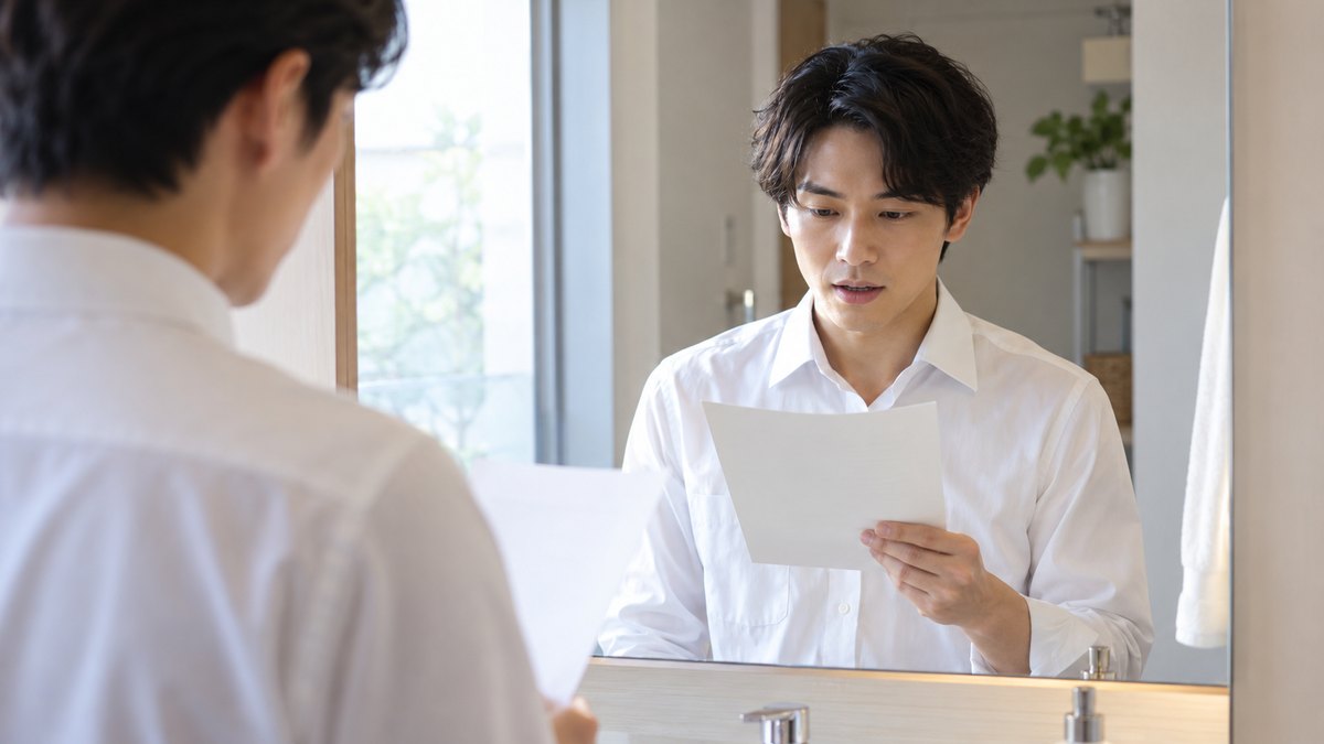 平日の朝、通勤前の明るい洗面所の鏡の前で、20代後半の男性がシャツ姿で立ち、手に持った1枚の原稿を見ながら小さな声で読み上げている近景。原稿の文字は見えない。人物は1人だけ