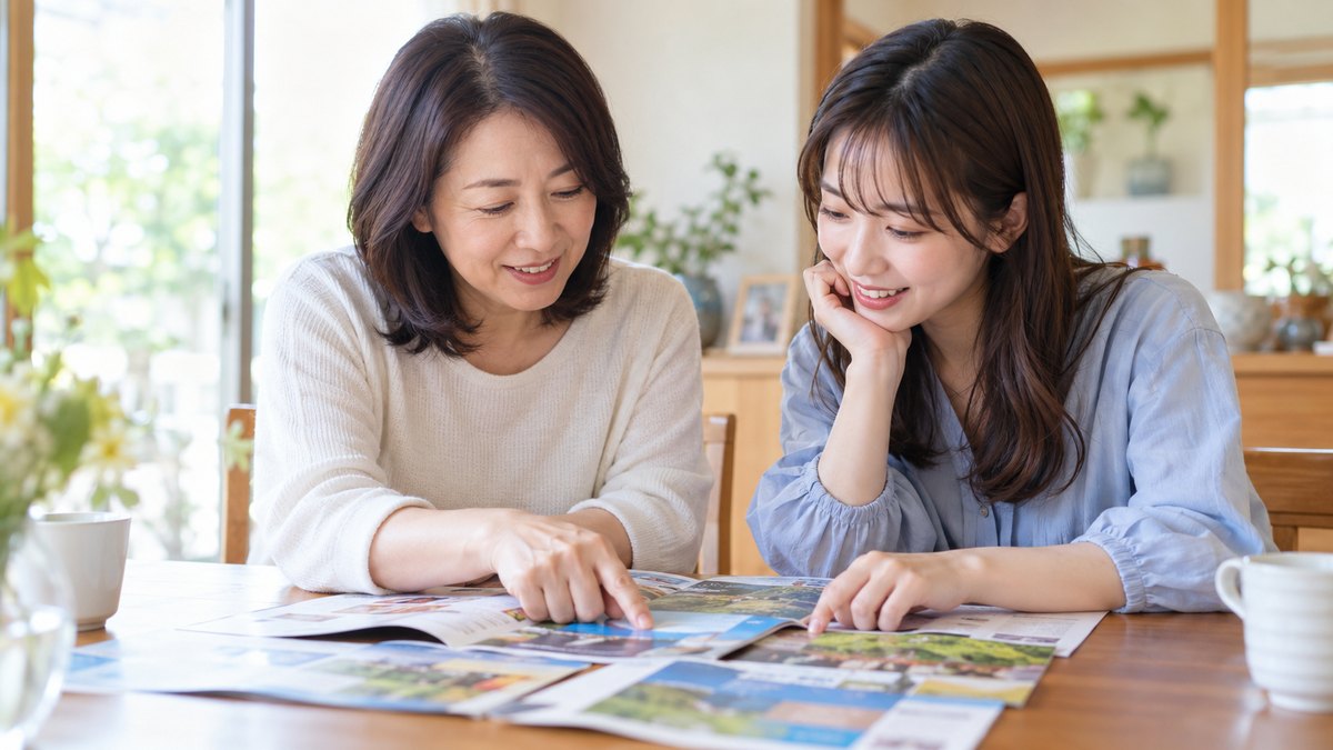 休日の昼、実家の明るいダイニングテーブルで、50代の母親と20代前半の娘が並んで座り、テーブルに広げた数枚の案内のパンフレットを指さしながら話し合っている近景。パンフレットの文字は読めない