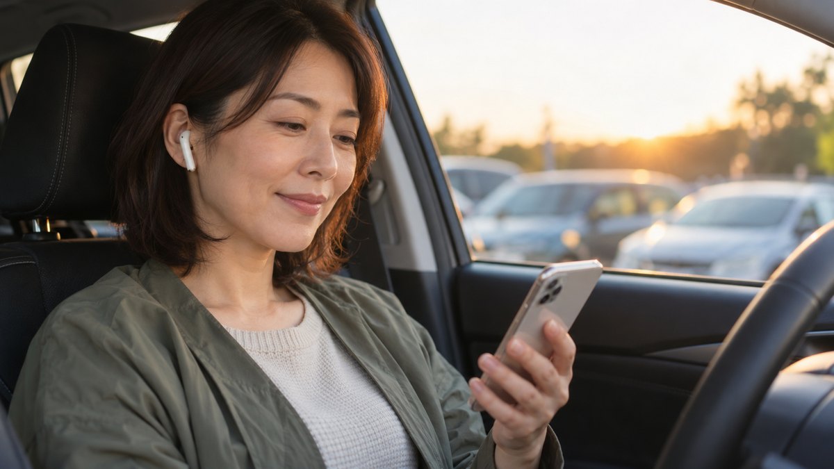 休日の夕方、駐車場にとめた車の運転席で、40代の女性がイヤホンをつけ、手に持ったスマホで自分の話した声の録音を聞き返しながら小さくうなずいている近景。スマホの画面の文字は見えない