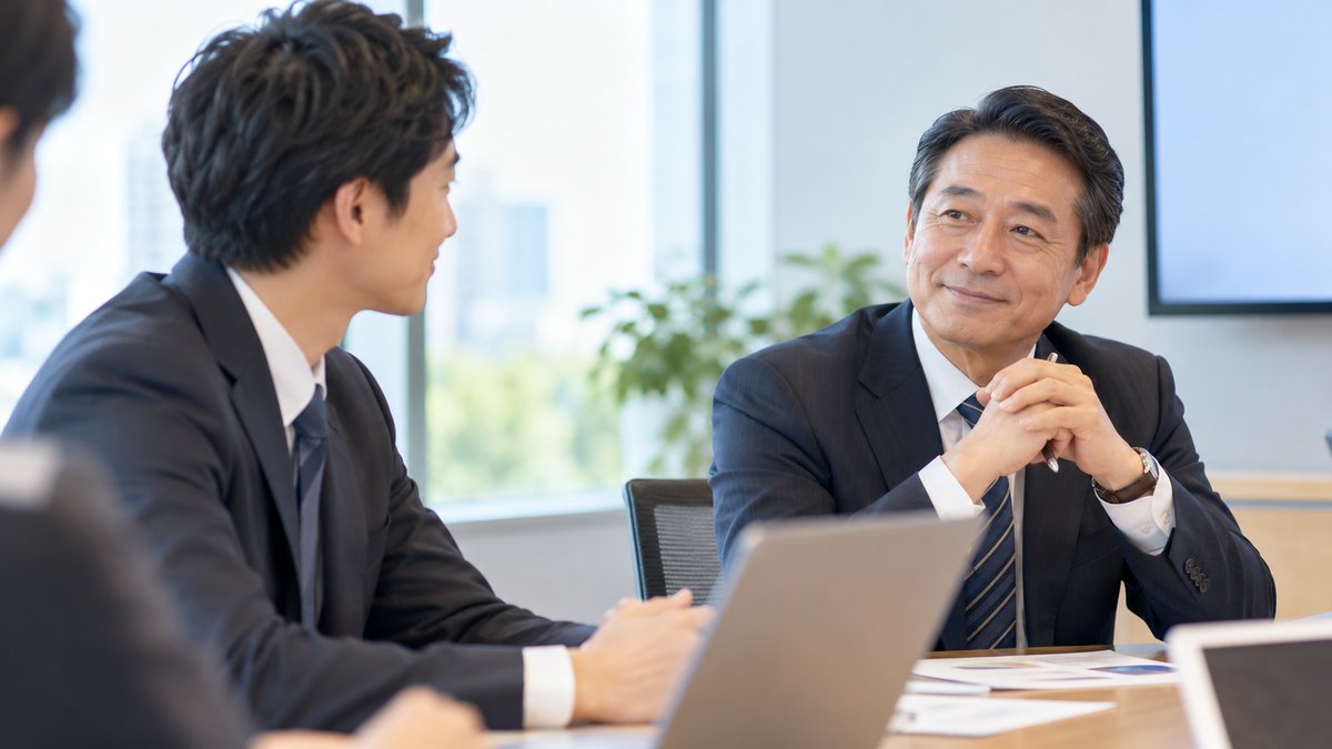 平日の夕方、明るい会議室で、30代の男性会社員が発表を終えて席に戻り、向かいに座る50代の男性上司が穏やかにうなずいている近景。資料やモニターに文字は見えない
