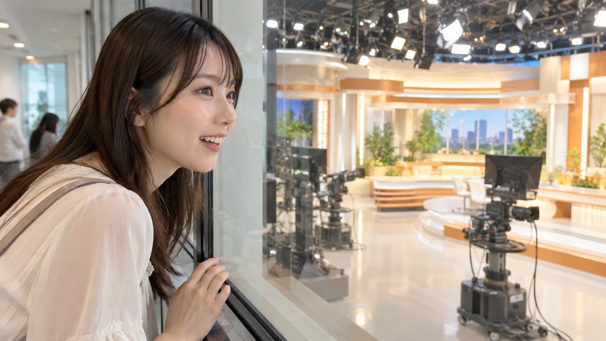 平日の昼、放送局の見学用の明るい廊下で、20代前半の女性がガラス窓の前に立ち、ガラスの向こうのテレビスタジオのセットを興味深そうにのぞき込んでいる近景。スタジオやセットに文字やロゴは無い