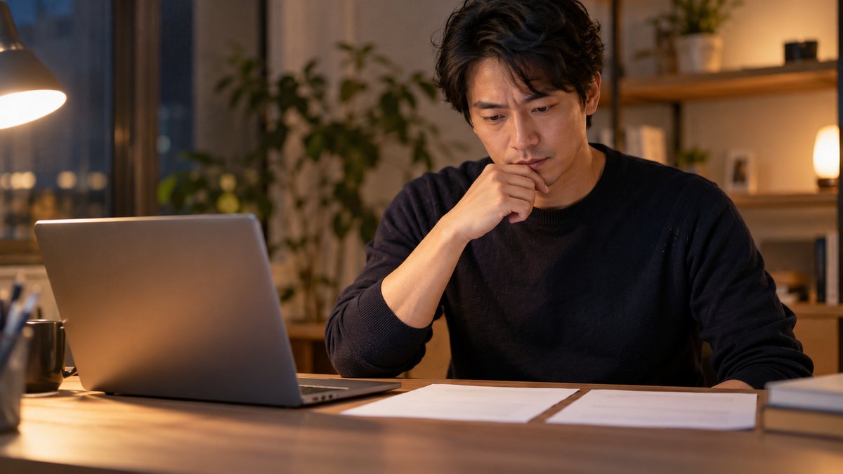 平日の夜、自宅の書斎の机で、30代の男性がノートパソコンの横に2枚の案内の紙を並べ、片手を顎に当てて見比べている近景。パソコンの画面と紙の文字は見えない