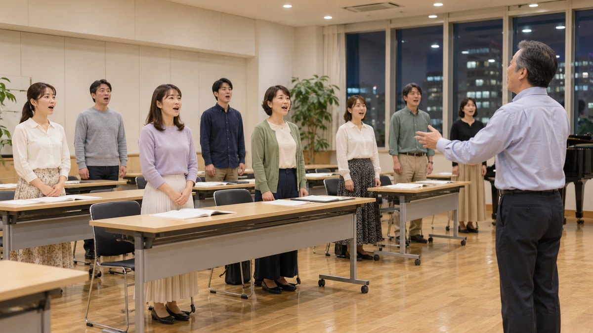 平日の夜、カルチャーセンターの明るい教室で、20代から50代の大人8人が机の前に立って背筋を伸ばし、前に立つ50代の男性講師に合わせて声を出している遠景。壁やテキストに文字は見えない