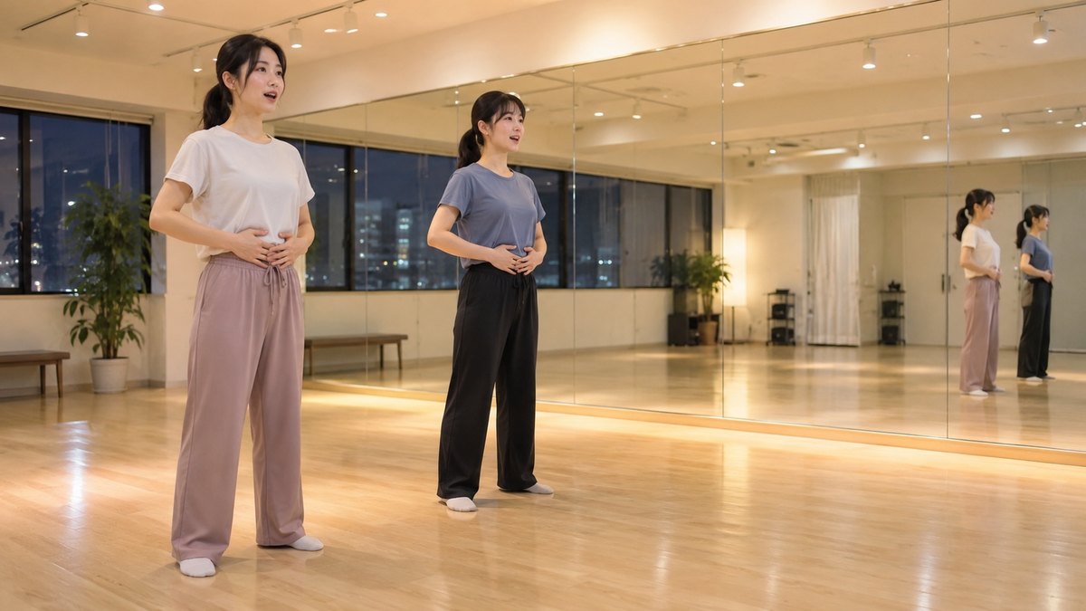平日の夜、壁一面に鏡のある明るいレッスンスタジオで、20代の女性2人が並んで立ち、腹に手を当てて発声の練習をしている遠景。鏡に映る壁にも文字は無い