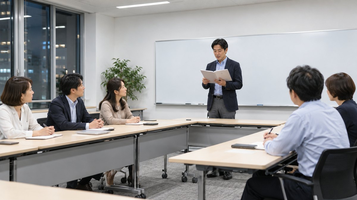 平日の夜、会議室のような明るい教室で、30代から50代の社会人の男女6人が長机に座り、1人の40代男性が立ってテキストを読み上げ、ほかの人が聞いている遠景。テキストや壁に文字は見えない