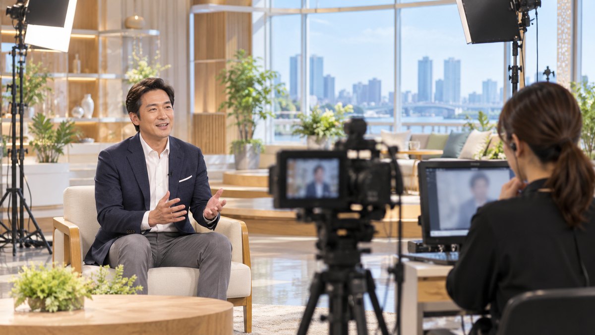 平日の昼、テレビ局のスタジオで、40代の男性がカメラの前の椅子に座って自己紹介を話し、少し離れて30代の女性スタッフがモニターを見ている遠景。セットやモニターに文字やロゴは無い