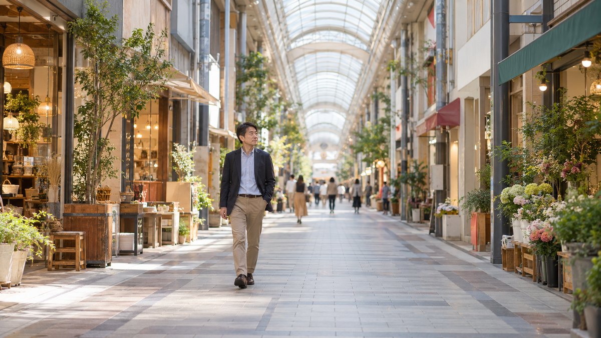 休日の昼、屋根付きの長い商店街のアーケードを、40代の男性がジャケット姿で歩いている遠景。店の看板や文字は見えない