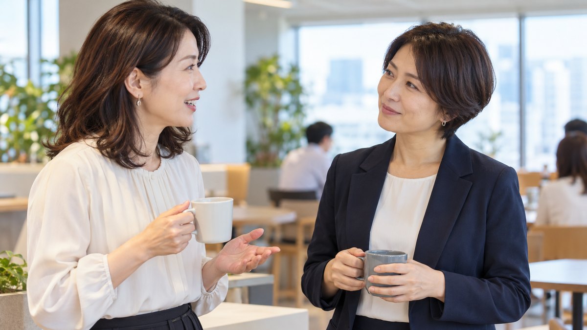 平日の昼休み、会社の明るい休憩スペースで、40代の女性会社員2人がコーヒーのカップを手に立ち話をし、1人が穏やかにうなずいている近景。壁や紙の文字は見えない