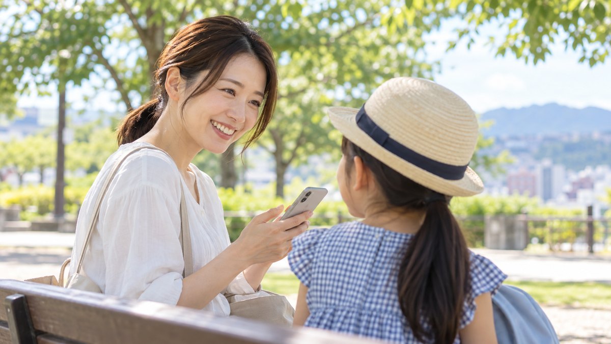 夏休みの昼、地方都市の公園の木陰のベンチで、30代の母親がスマホで予定を確かめながら、隣に座る小学生の子に笑顔で話しかけている近景。母親の顔が見え、子は後ろ姿。スマホの画面の文字は見えない