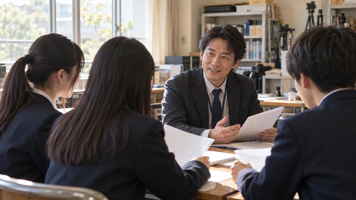 放課後、高校の明るい部室で、40代の男性の顧問教師が机をはさんで座り、横向きの生徒3人と原稿を手に打ち合わせをしている近景。教師の顔が見え、生徒は横向きか後ろ姿で顔ははっきり見えない。原稿の文字は見えない